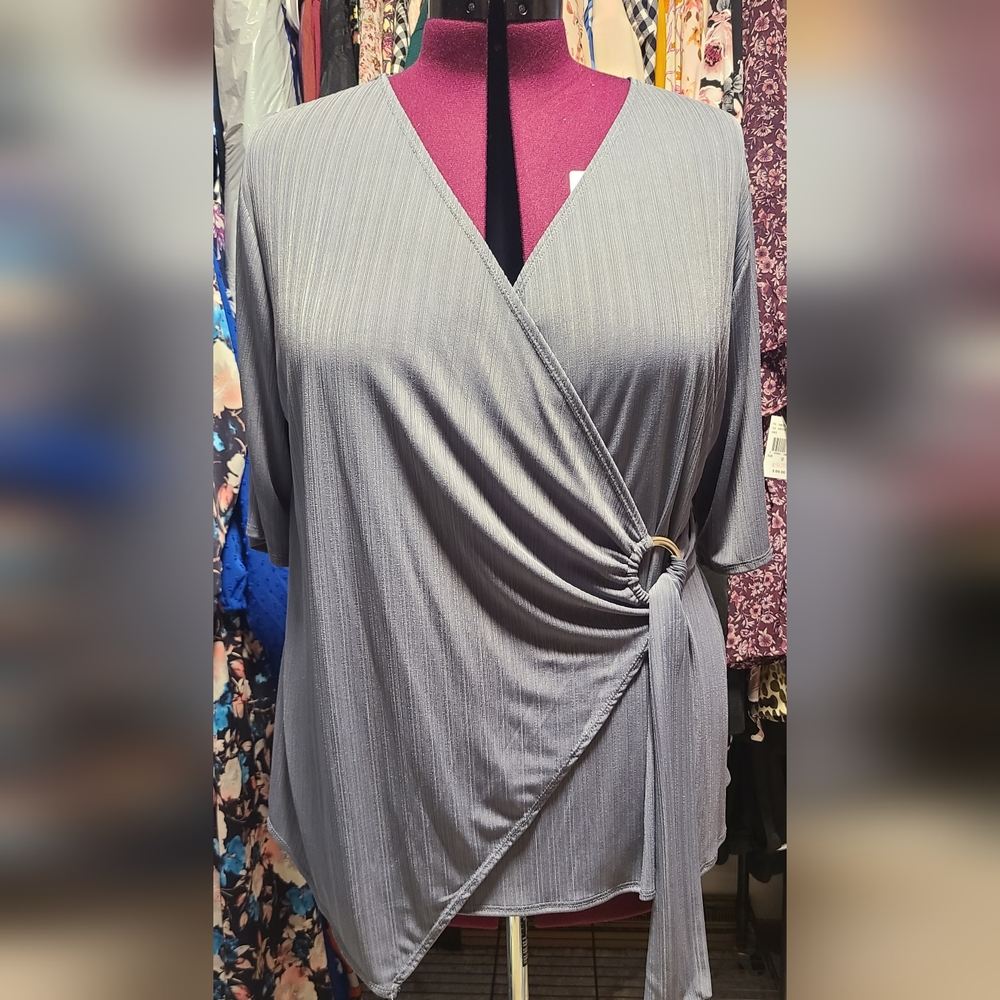 Cato Gray Pinstripe Wrap Blouse